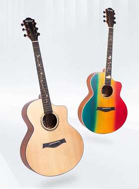 云杉单板吉他41寸学初学者生4106/彩民谣吉他uitag乐r面单器JF桶