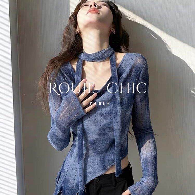 法国rouje chic蓝色晕染不规则边荡领T恤女早春掐腰复古设计感女