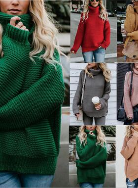 Knitted sweater with coarse thread, long sleeved high neck