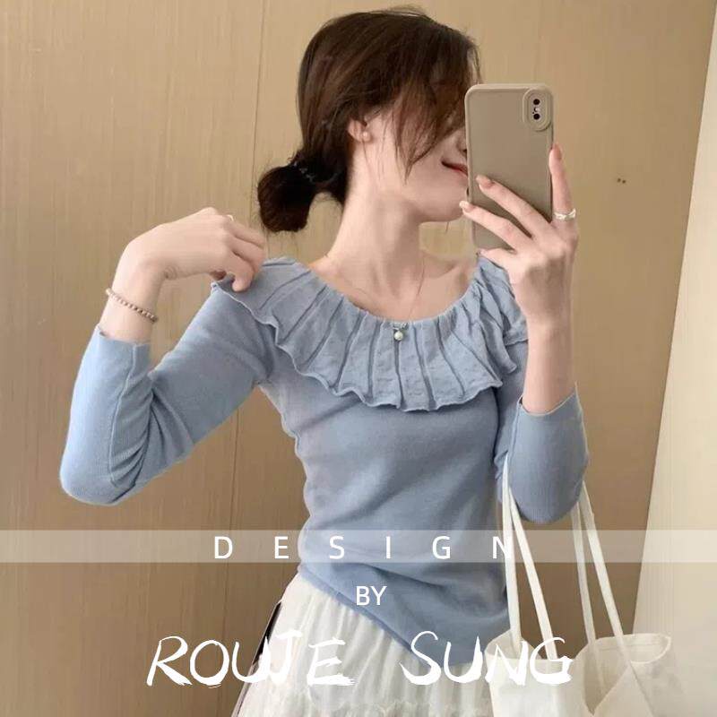 ROUJE SUNG法式一字肩针织衫女2025春秋薄款荷叶边修身显瘦上衣