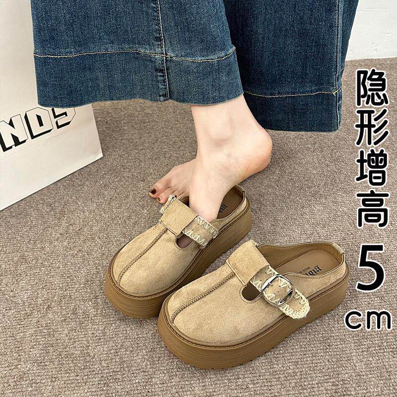 英国真皮厚底包头半拖鞋女春夏外穿2026新款软底内增高勃肯凉拖鞋