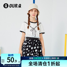 ourq童装女童连衣裙夏装中大童圆领短袖，裙子儿童韩版洋气波点裙