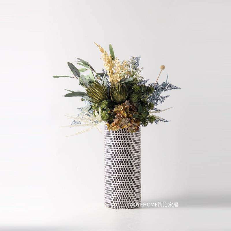 简约陶瓷花瓶黑白格子居家样板房几何摆件玄关餐桌民宿花插装饰品