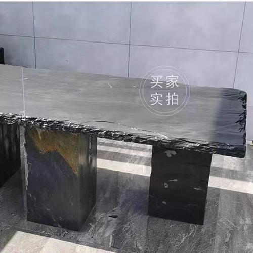 纯天然青石板石桌茶几自然面仿古毛边黑色吧台办公桌原石火锅桌面