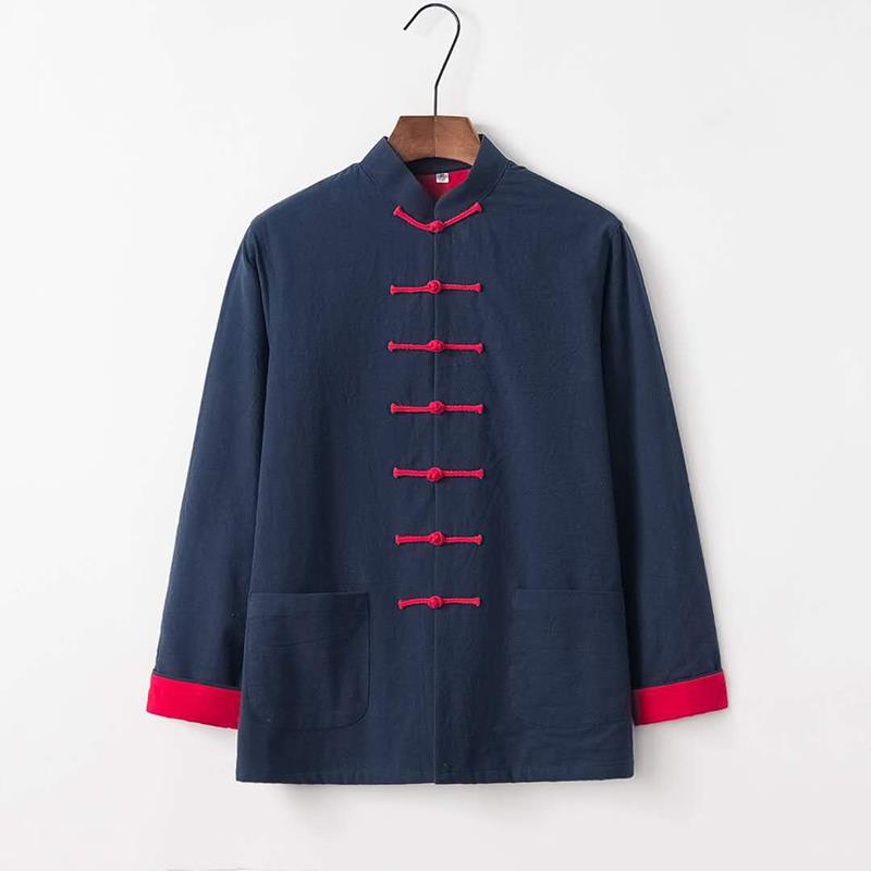 高档春秋棉麻唐装中式覆盘扣长袖外套中男国风闲男休装禅古修居士