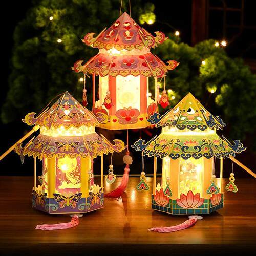 元宵节灯笼2025蛇年兔子宫灯 手工diy材料包新年手提发光玉兔花灯