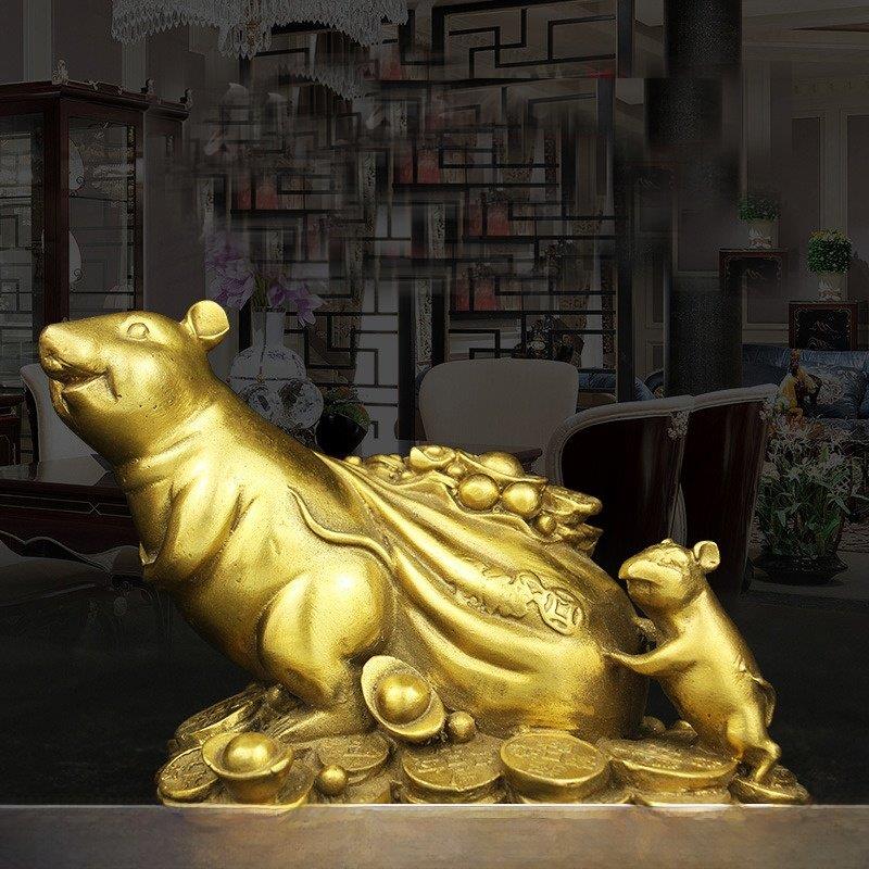 铜老鼠汽车摆件铜鼠背钱袋黄金袋招米财家居车内饰品摆件鼠创意纯