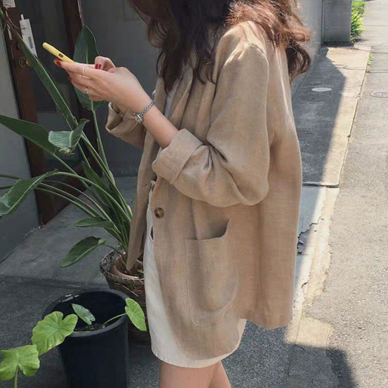 韩国春夏季港味卡其小西装外套女宽松轻薄棉麻小个子防晒短款西服