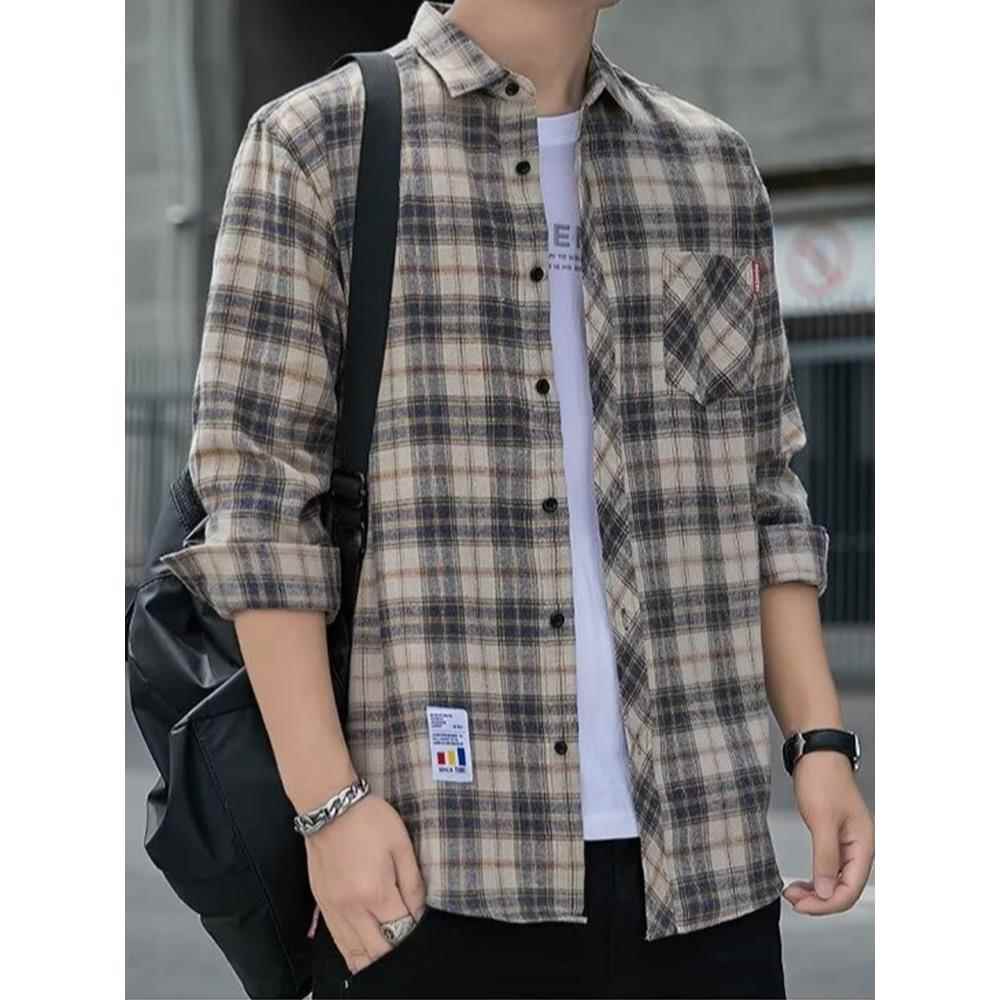 韩式覆古格子休闲衬衫男士春秋季新款长袖衬衣上衣服宽松薄款外套