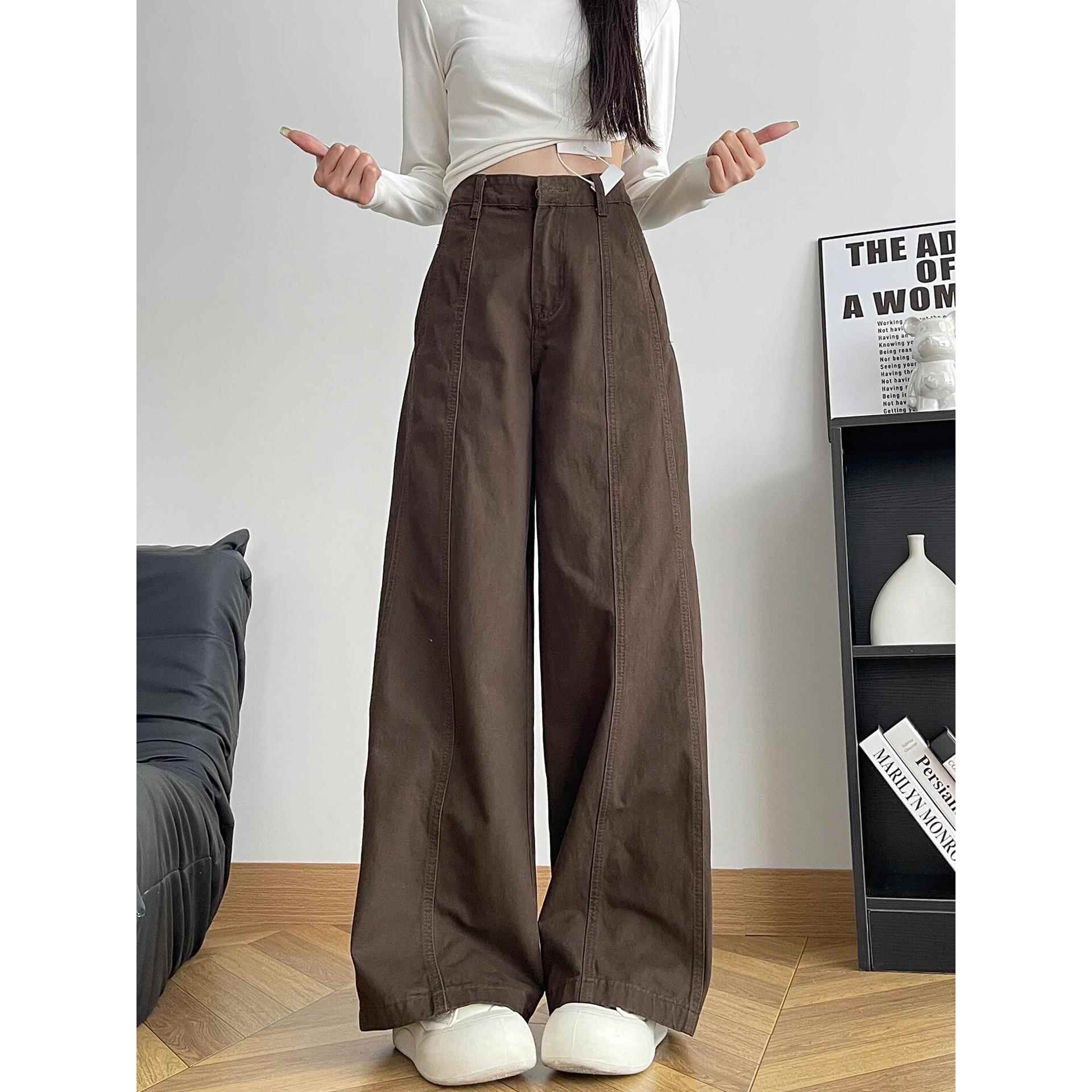 美式覆古咖色高腰阔腿牛仔裤女秋季新款棕色宽松显瘦直筒拖地裤子