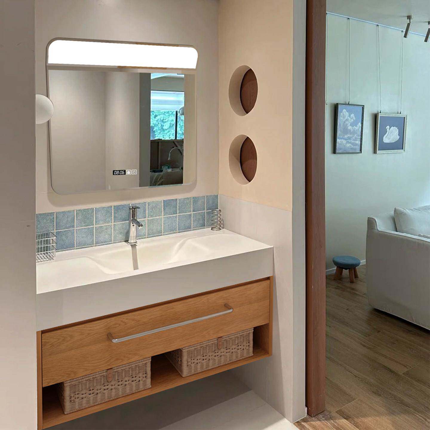 白橡木色实木烤漆浴室柜卫生间洗漱台洗手池岩板热弯一体盆中古风