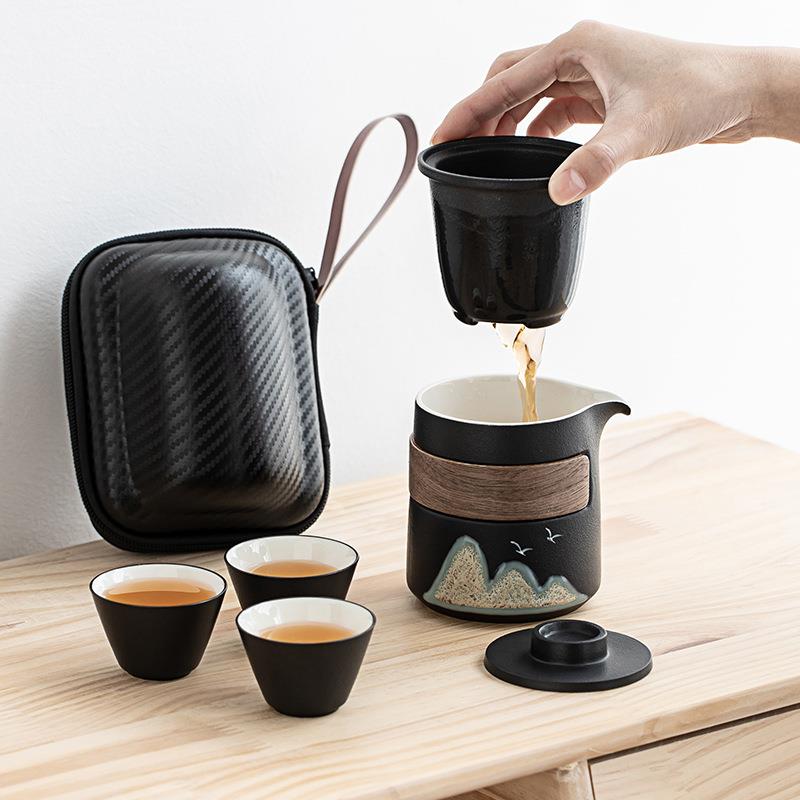 陶瓷快客杯一壶三杯旅行茶具套装户外单人随身泡茶壶杯子悦山旅行