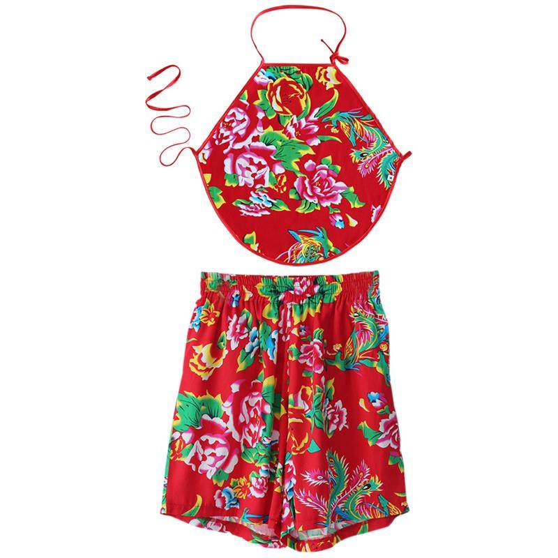 高档东裤北风大花布肚兜短裤套男女士兜兜装沙滩成人民族舞台演出