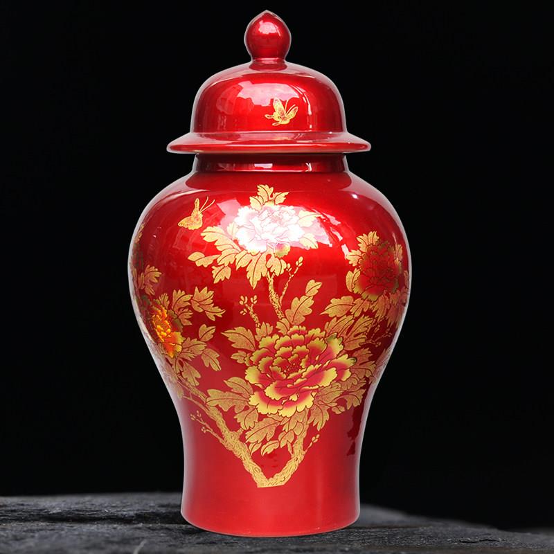 景德镇陶瓷器摆件家居装饰品客厅中国红将军储物罐落地大花瓶带盖