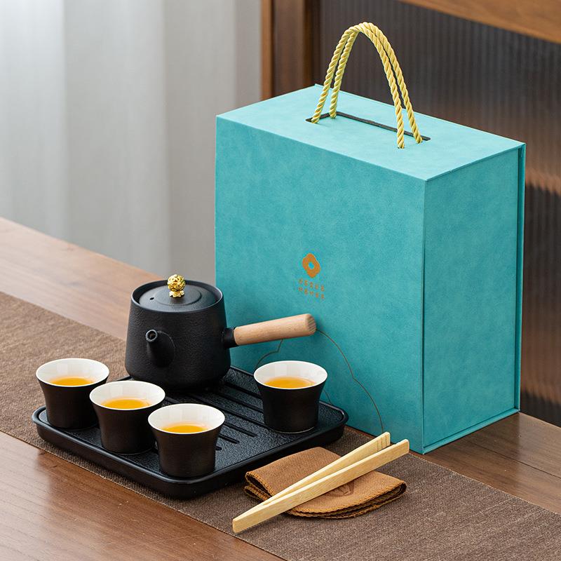 日式黑陶侧把壶茶具套装一壶四杯带茶盘整套陶瓷茶具商务礼品logo