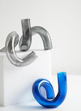 ll宝蓝色摆件烛台北欧风饰品装饰玻璃花瓶透明插花创意客厅花