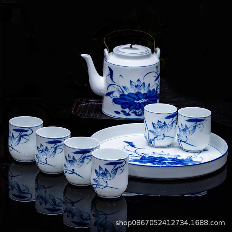 手绘青花瓷茶具套装家用会客办公中式景德镇陶瓷提梁茶壶茶杯