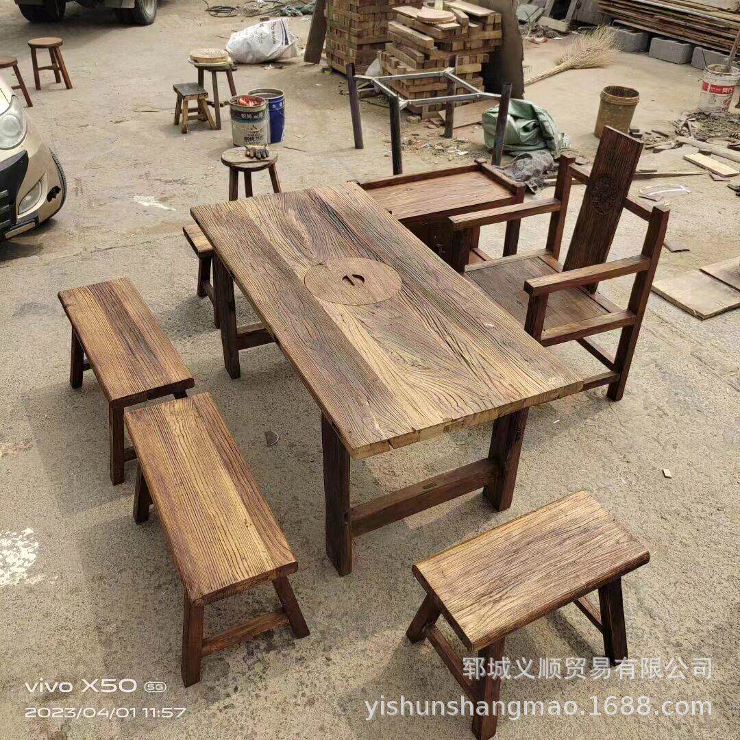老榆木茶具实木茶桌椅餐厅饭店茶桌椅组合老榆木家风化木茶桌椅
