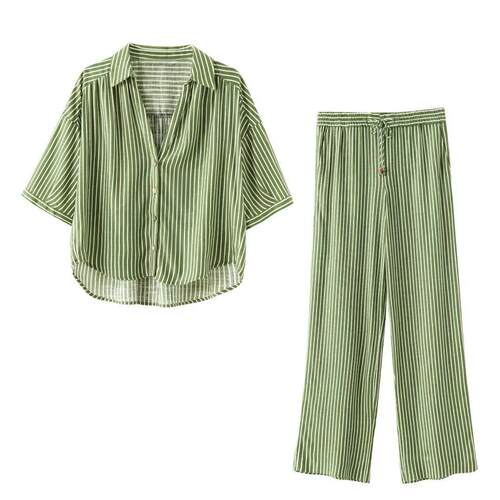 Women's linen blend striped shirt wide leg pants set