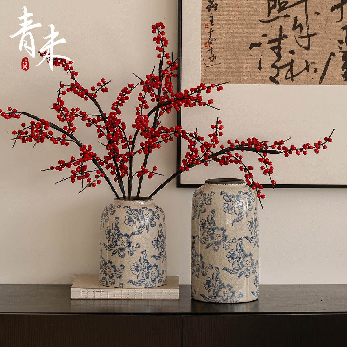冬青花瓶摆件客厅插花青花瓷陶瓷景德镇水培高级感复古大口径乔迁