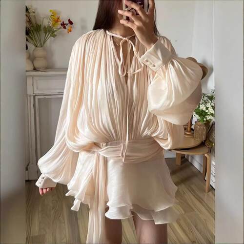 Women's Ruffle Mini Dress Long Lantern Sleeve Tie-up Front S