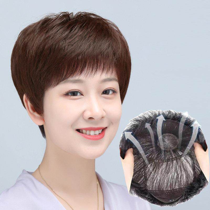 许昌女士假发真发全真人发全头套光头帽子遮白发自然浏海妈妈短发