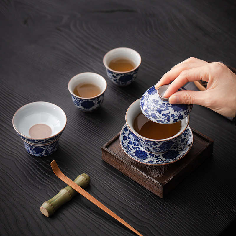 青花瓷三才盖碗茶杯大号功夫茶具家用泡茶碗单个茶碗高档泡茶杯