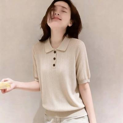 韩国冰丝麻翻领针织短袖t恤女气质通勤显瘦正肩休闲polo衫上衣夏