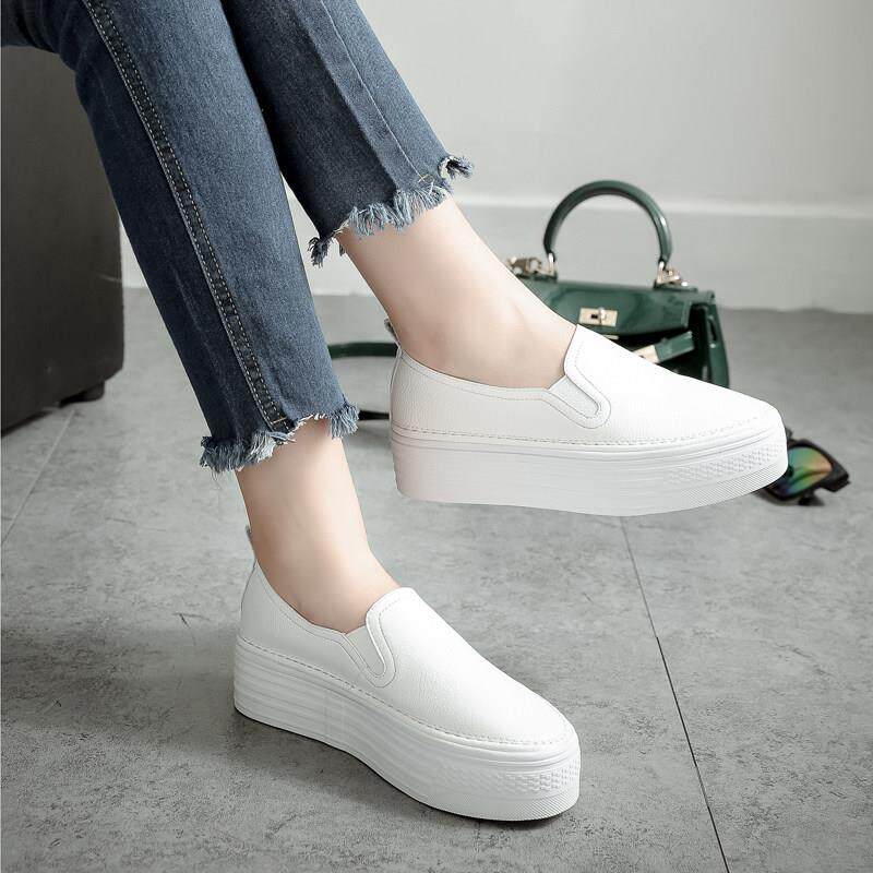 欧洲站松糕厚底鞋女休闲小白鞋增高一脚蹬懒人鞋乐福鞋皮鞋平底鞋