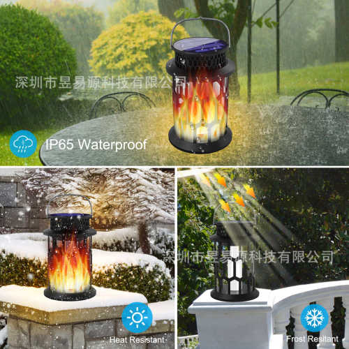太阳能庭院灯 LED火焰仿真宫灯 圆形镂空灯笼灯 防水户外花园灯