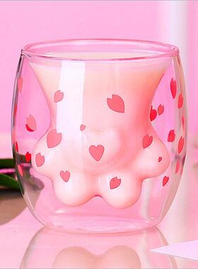 创意双层猫爪杯隔热玻璃咖啡杯茶杯家用可爱透明卡通网红水杯