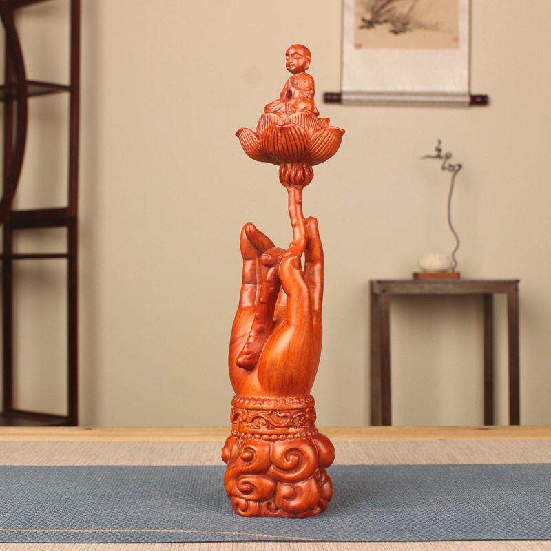 花梨木雕花开见佛佛手莲花童子寓意吉祥禅意家居装饰红木摆件