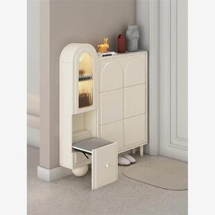 香港包邮法式奶油风超薄鞋柜用门口带换鞋凳一体靠墙可坐入户翻斗