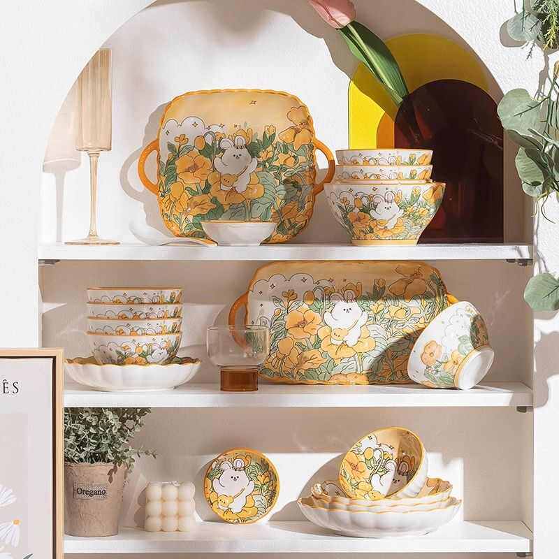 花中兔碗碟套装家用创意可爱饭碗2022新款网红陶瓷餐具碗筷盘碗具,餐饮具,碗,淘宝优惠券,粉丝福利购,淘宝优惠卷