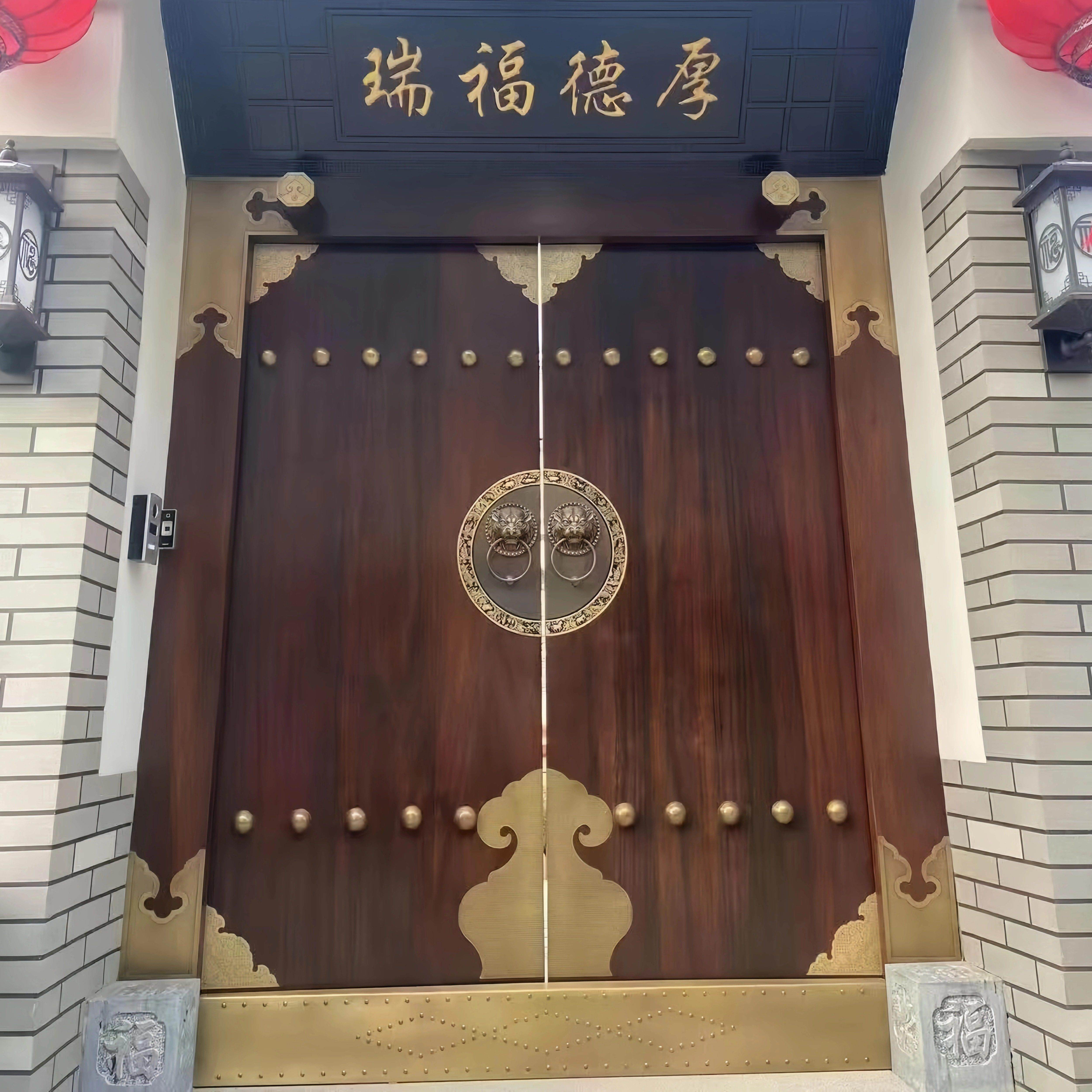 中式菠萝格实木大门自建房别墅庭院大门入户双开 关木门覆古祠堂
