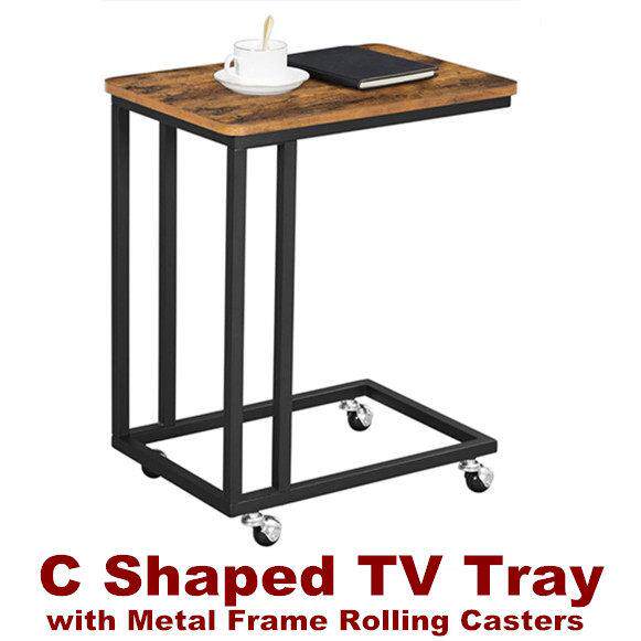 C Shaped TV Tray Casters Side Table Sofa Tray Desk Couch