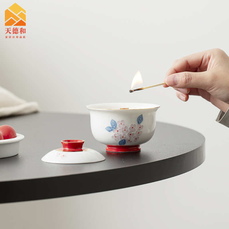 天德和手绘盖碗蜡烛杯伴手礼陶瓷香薰蜡烛杯氛围感香薰杯蜡烛摆件