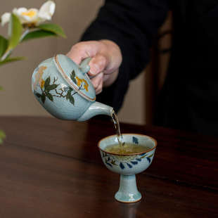 温茶器陶瓷家用暖茶炉蜡烛加热保温底座 冰裂手绘枇杷温茶炉套装