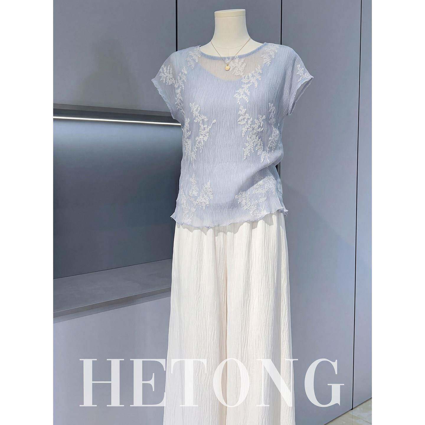 母亲节妈妈夏装短袖套装2026新款中老年女装刺绣上衣阔腿裤两件套