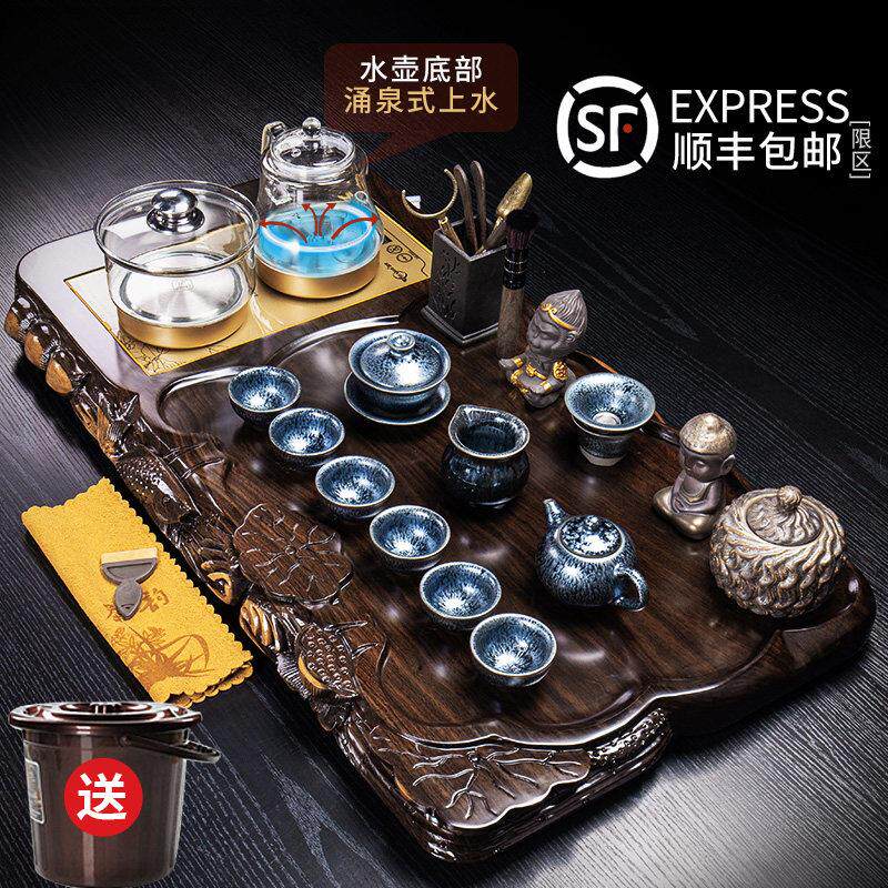 黑檀实木茶盘功夫茶具套组整套玻璃全自动烧水壶一体茶台家用智能
