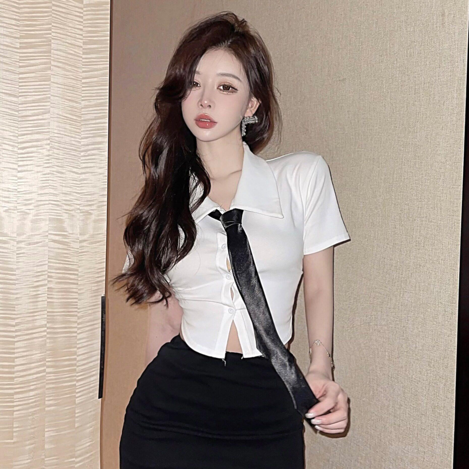 夏季白色短袖恤女衬衫领带纯欲辣妹学院风制服修身短款翻领上衣