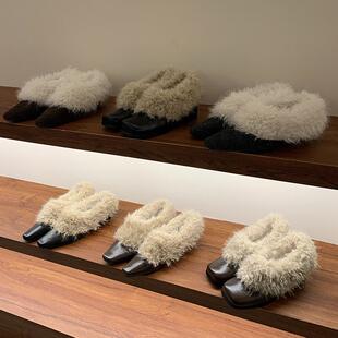香港方头加绒毛毛鞋单鞋女2025年保暖棉鞋法式粗跟复古黑色小皮鞋