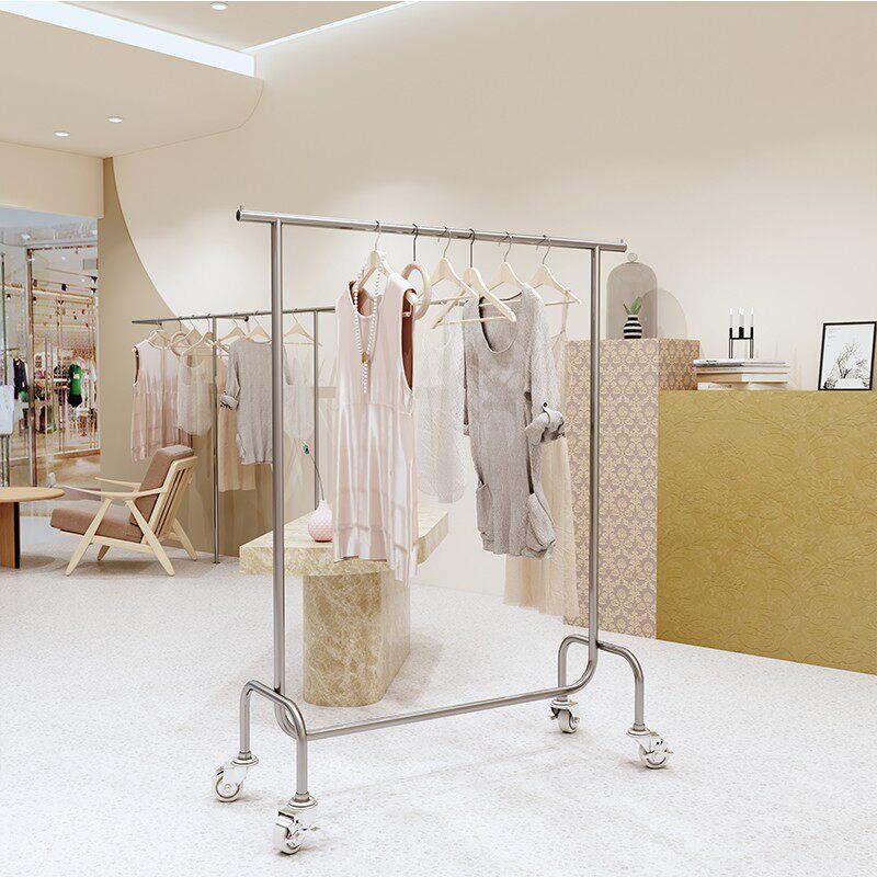 服装店展示架落地式挂衣杆不锈钢拉丝银色带轮子女装店货架陈列架