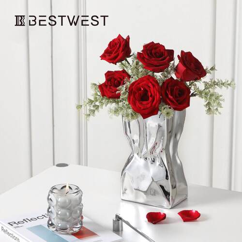 创意电镀花瓶银色镜面不锈钢质感家居装饰品摆件客厅餐桌轻奢花器