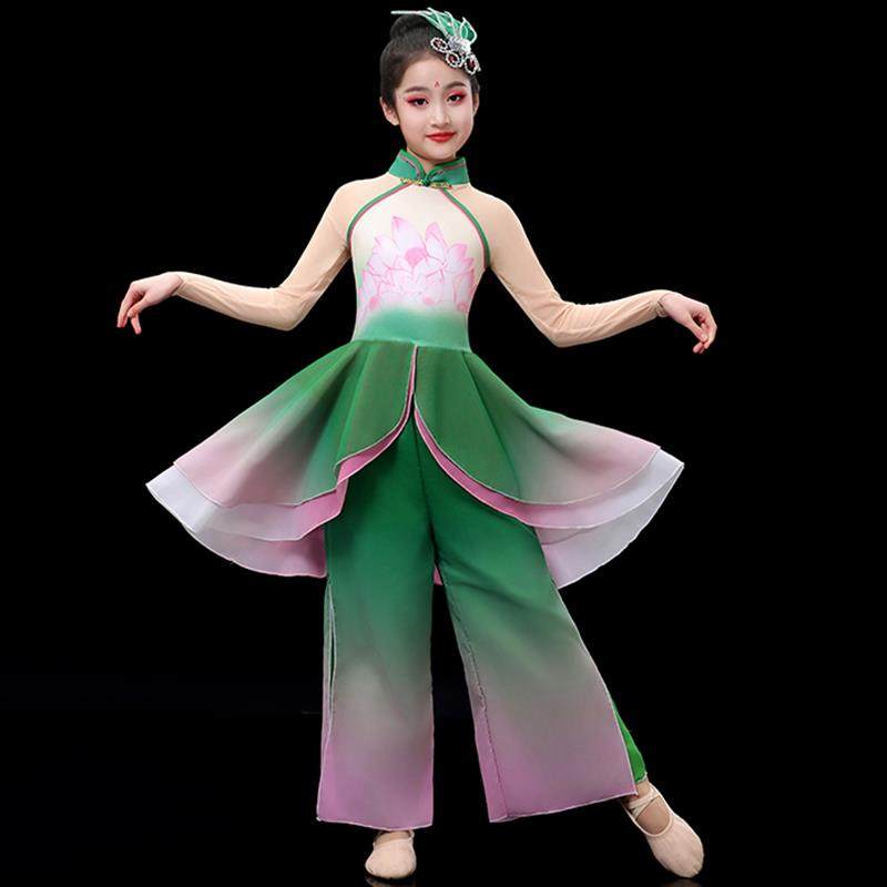 正品六逸一童古儿舞典舞演出服飘伞舞荷花扇子舞套装女童秧歌服蹈