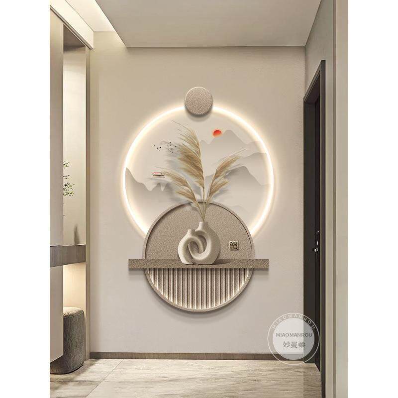 入户玄关新中式装饰画走廊正对门立体砂岩壁灯画客厅茶室山水挂画