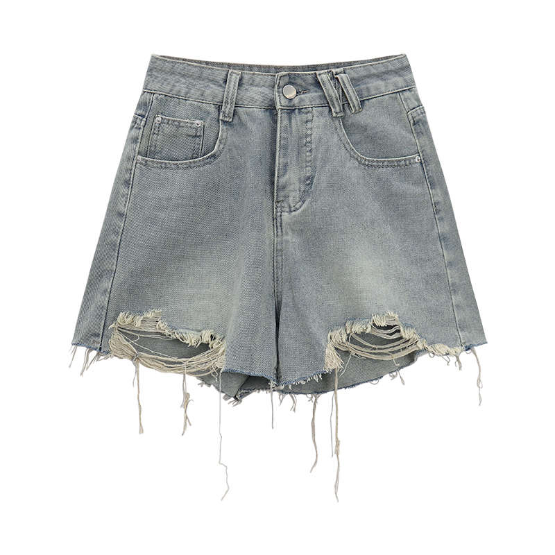 破洞牛仔短裤女夏季2024新款复古高腰显瘦设计感A字阔腿裤子爆款