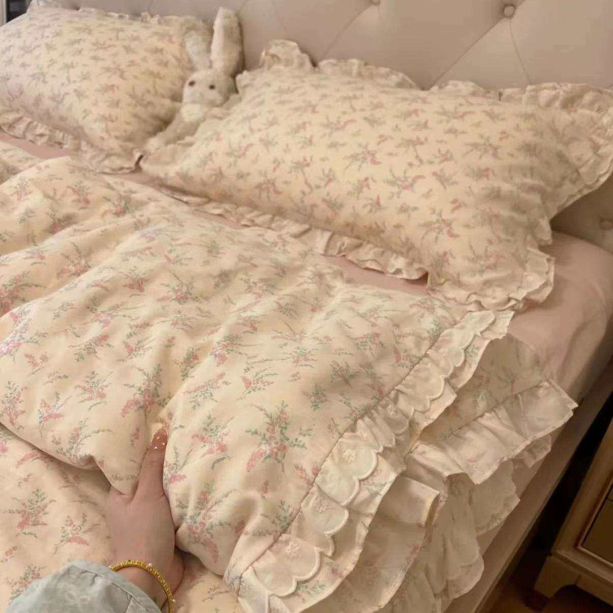 韩式花边a类母婴级双层纱床上四件套纱布被套三件套学生宿舍
