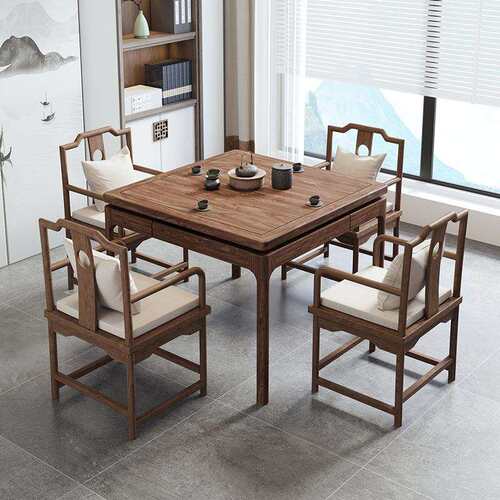 严选原木八仙桌打牌掼蛋桌老榆木新中式纯实木餐桌椅小户型四方桌