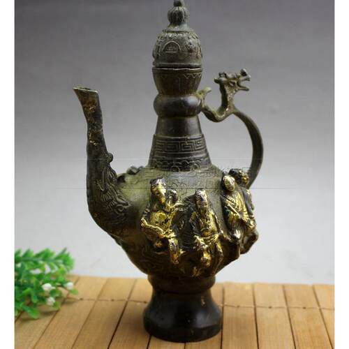 古YX-10-08水玩杂项铜器复摆古金八仙鎏壶酒壶茶壶壶家居件